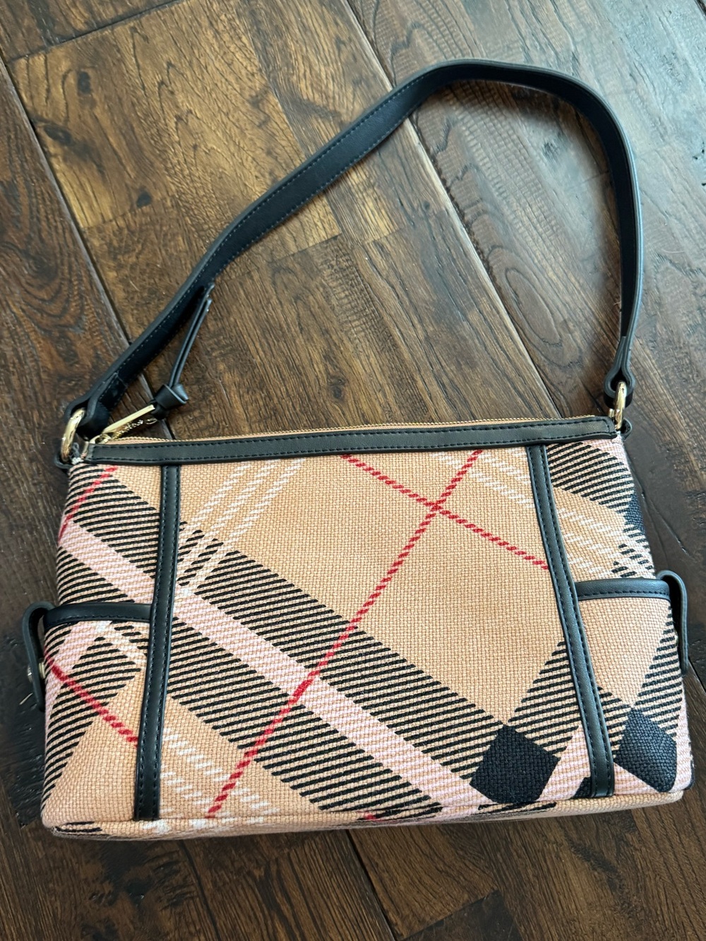 Spartina 449 Peach Black Plaid Shoulder Bag with Black Leather Trim - Picture 6 of 16